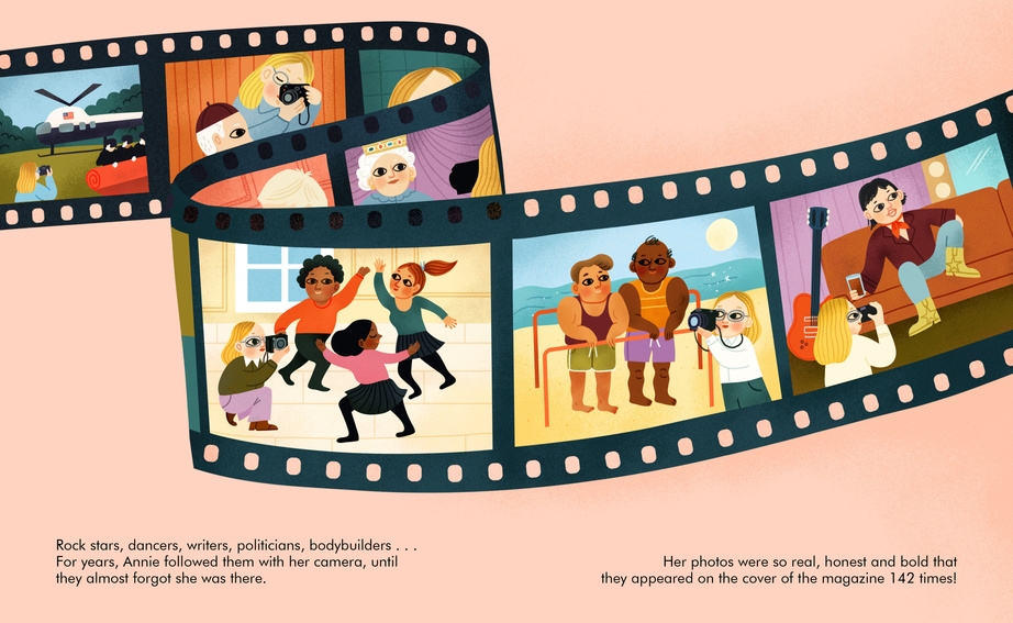 An illustrated book spread showing a winding strip of photographic film containing various scenes of people being photographed, including dancers, bodybuilders, and musicians, accompanied by descriptive text