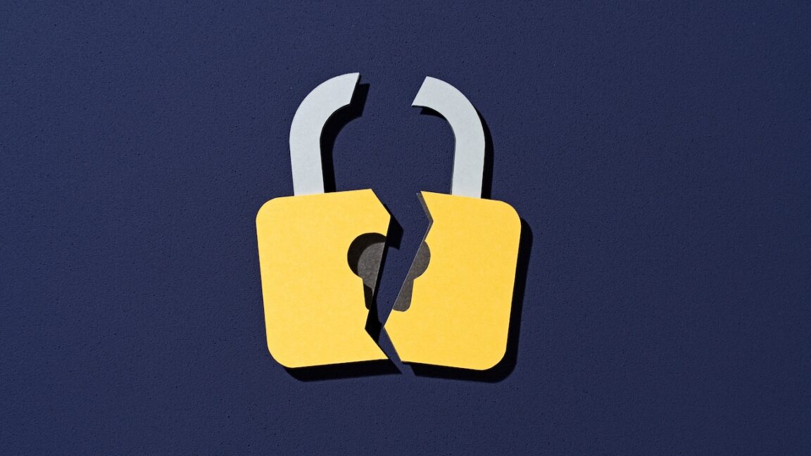 Paper Craft of Cracked Yellow Lock on Purple Background Front View, Data Security Concept.