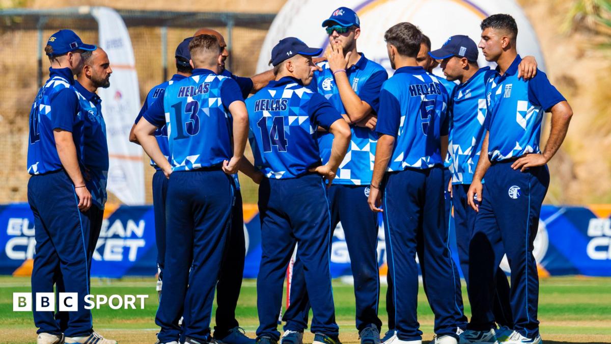 Greece's players comes together to celebrate a wicket at a European Cricket Network event in 2024