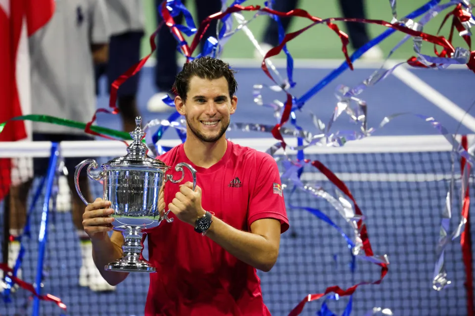 Dominic Thiem celebrates after winning the men's singles US Open in 2020