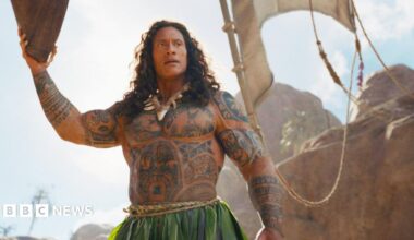 Still of Dwayne Johnson as demigod Maui in the live-action 2026 film Moana