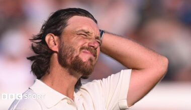 Tommy Fleetwood reacts after a bogey in the Open Championship at Royal Birkdale