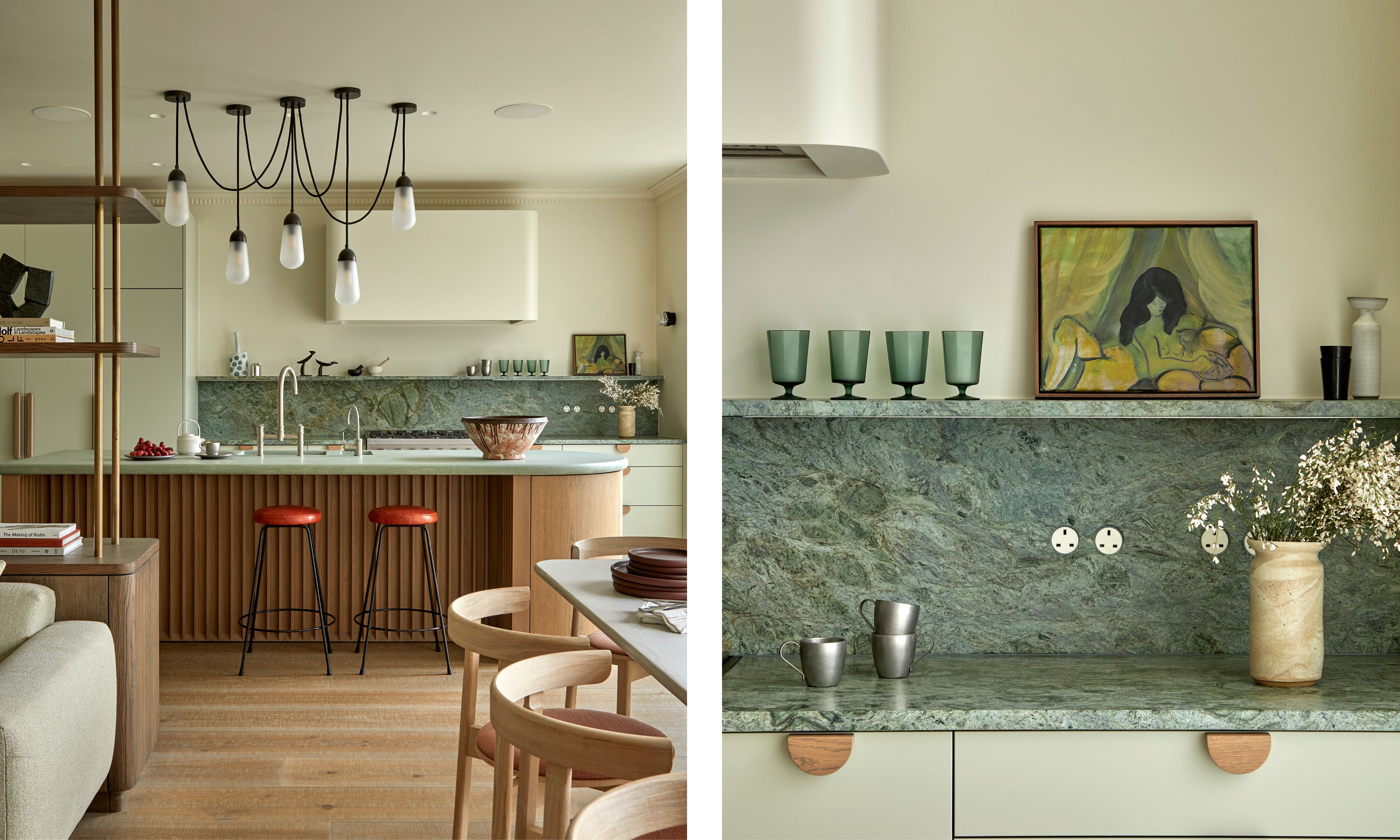 two shots of the same kitchen, with green marble backsplash and pale plaster walls