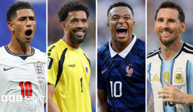 Split image of Jude Bellingham, Vozinha, Kylian Mbappe and Lionel Messi