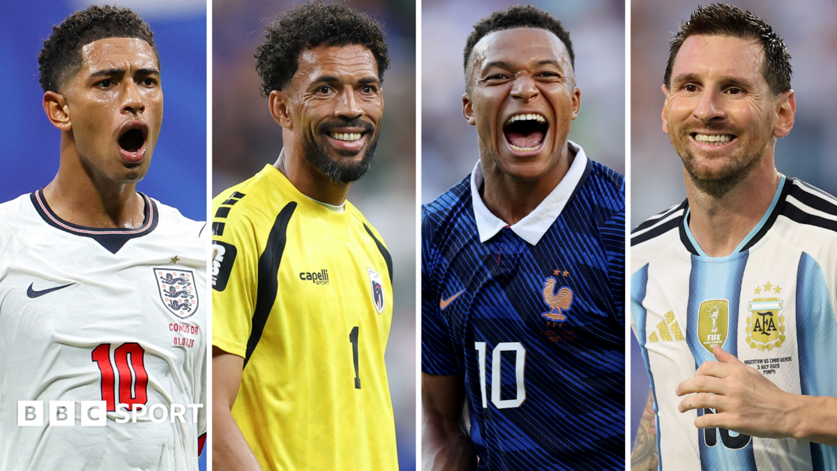 Split image of Jude Bellingham, Vozinha, Kylian Mbappe and Lionel Messi