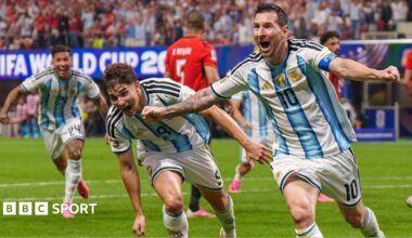 Lionel Messi, Julian Alvarez and Enzo Fernandez celebrate after a goal against Egypt