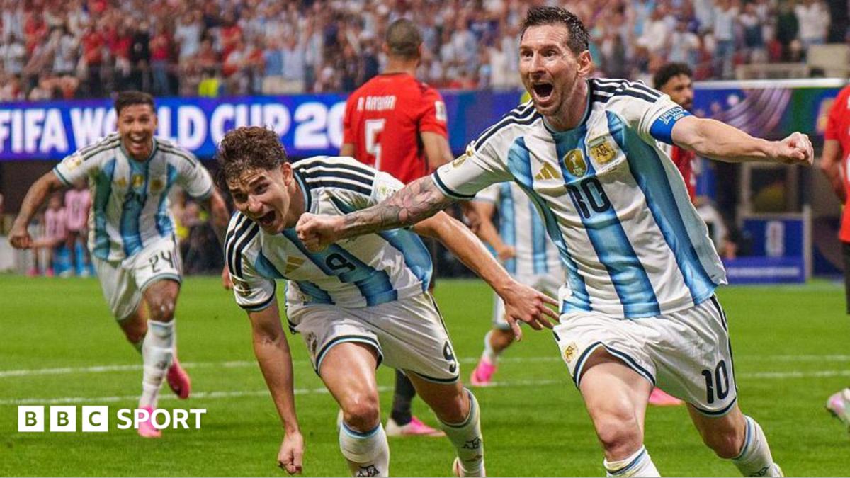 Lionel Messi, Julian Alvarez and Enzo Fernandez celebrate after a goal against Egypt