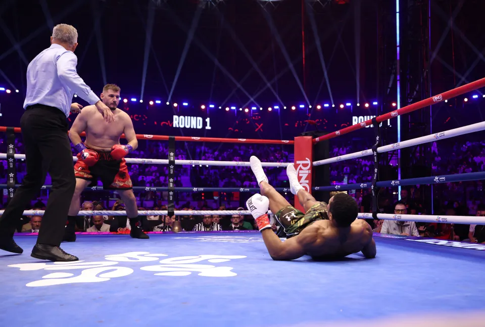 Kristian Prenga knocks down Anthony Joshua during their heavyweight clash in Saudi Arabia