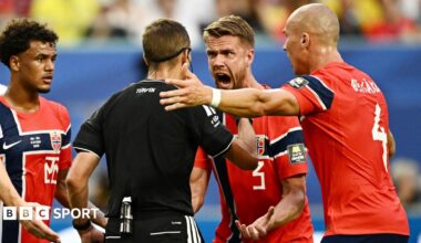 Norway's Kristoffer Ajer remonstrates with referee Clement Turpin