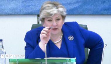 Emily Thornberry in blue blazer, holding pen, questions former Foreign, Commonwealth & Development Office (FCDO) boss Sir Olly Robbins at the Houses of Parliament in April