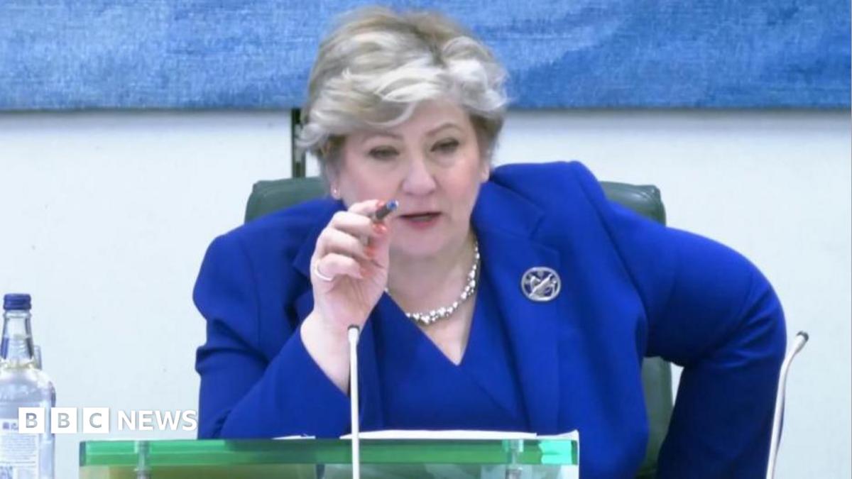 Emily Thornberry in blue blazer, holding pen, questions former Foreign, Commonwealth & Development Office (FCDO) boss Sir Olly Robbins at the Houses of Parliament in April