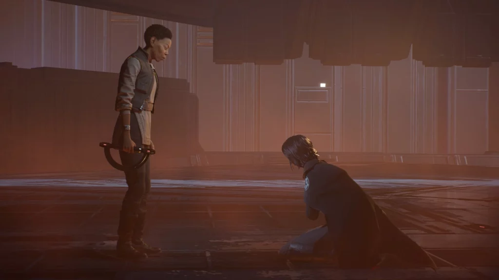 A defeated Trilla kneels before Cere Junda
