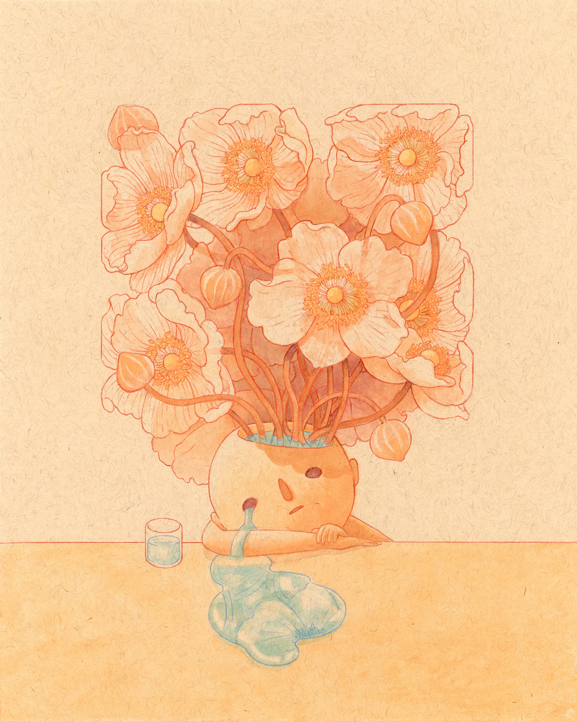 a drawing by Felicia Chiao of a figure with flowers growing from its head and a pool of tears
