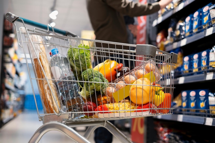 A shopping trolley full of essentials items like fruit, water, and eggs