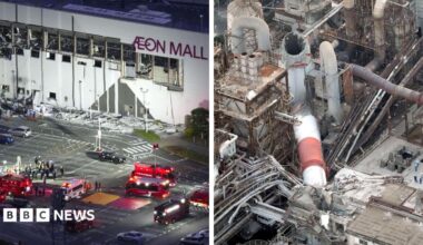 People trapped in Japanese mall hit by earthquake, with others missing after factory chimney collapse