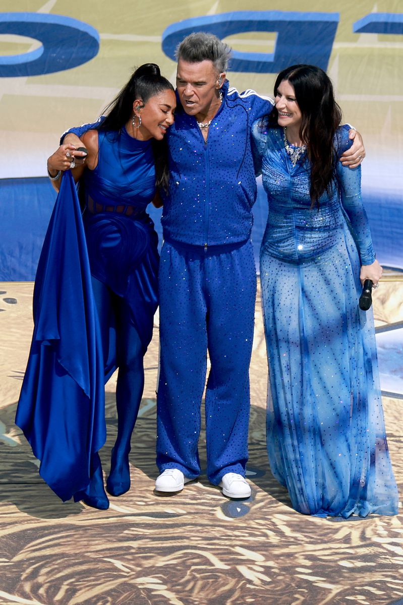 Nicole Scherzinger, Robbie Williams and Laura Pausini perform before the FIFA World Cup 2026 Final match between Spain and Argentina
