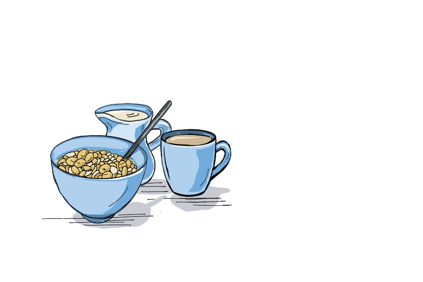 Tea, milk, and cereal inside a blue bowl, mug and jug. 