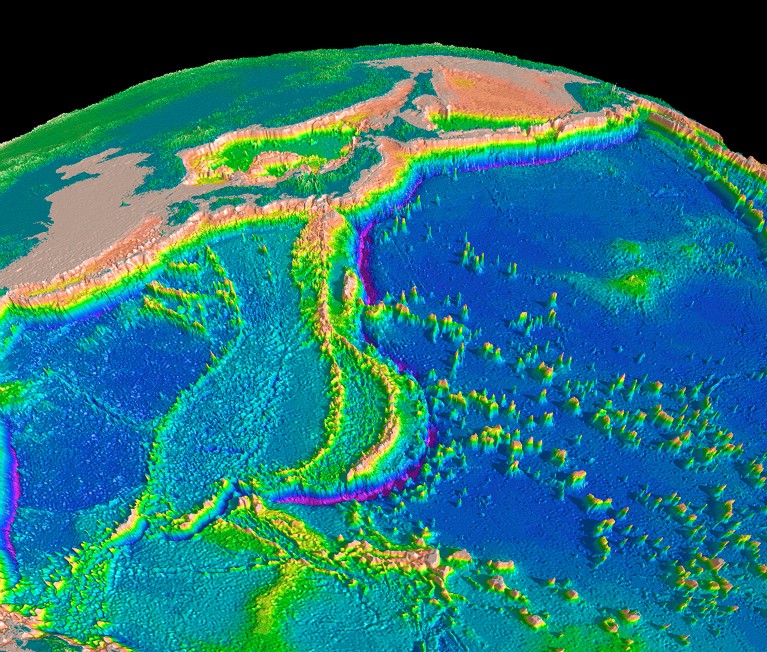 Computer model of the topography of the region surrounding the Mariana trench.