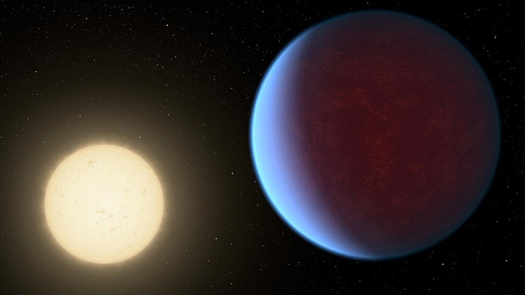 A large planet (dark red with illuminated left side in blue) is shown next to a smaller, bright-yellow star against a backdrop of space.