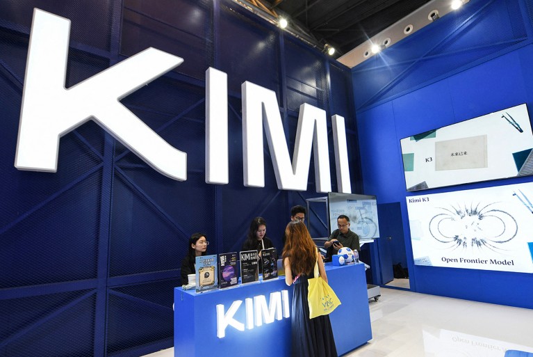 Delegates visiting the Moonshot AI stand, featuring the product branding for Kimi at the World Artificial Intelligence Conference in Shanghai.