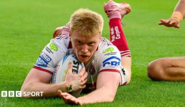 Wigan Warriors wing Zach Eckersley dives over the line for the first of his three tries.