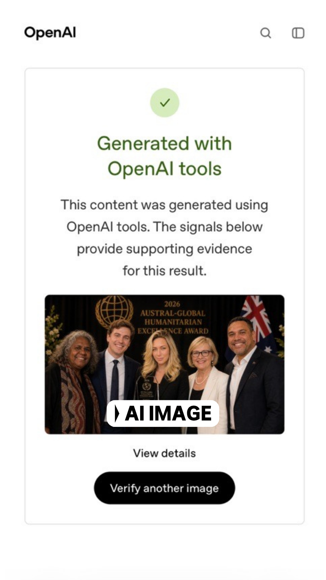 AI-GENERATED: A blonde woman holding an award with two people on either side. Open AI says the image is AI