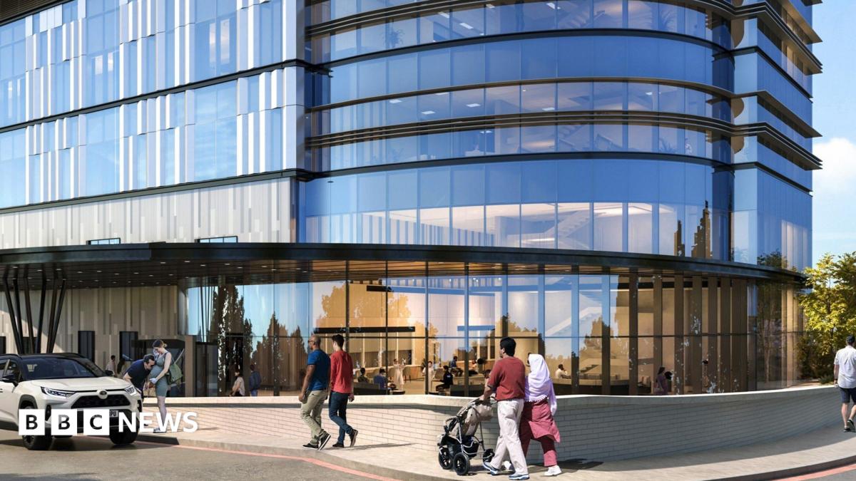 An artists impression of a new hospital building, with a car parked outside, several people walking past. There is a small brick wall outside, a glass, curved building, with lots of glass windows, and a path going round the building.