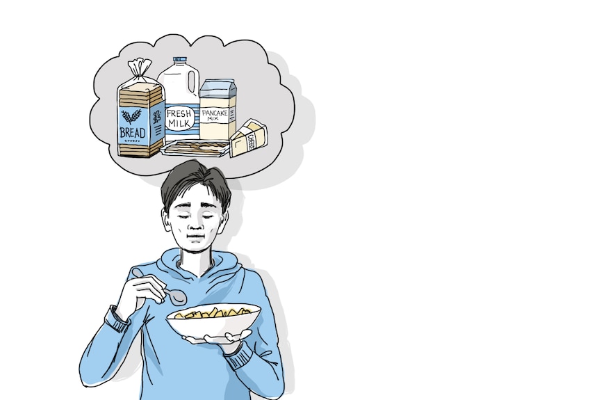 An illustration of a person eating breakfast, wears a blue jumper.
