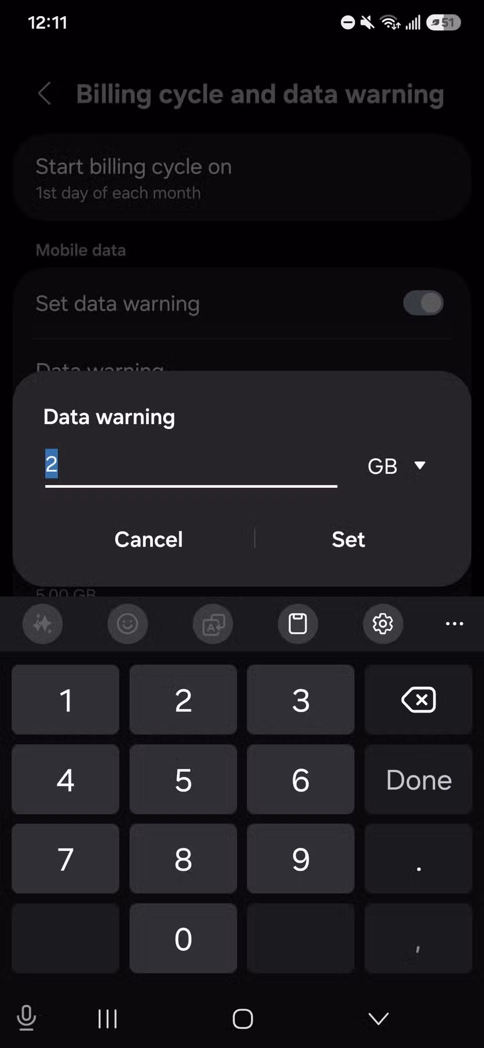 Changing numerical value for a data warning with the cancel, set and number pad displayed