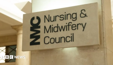 An Nursing and Midwifery Council sign, possibly made of marble, outside its offices.