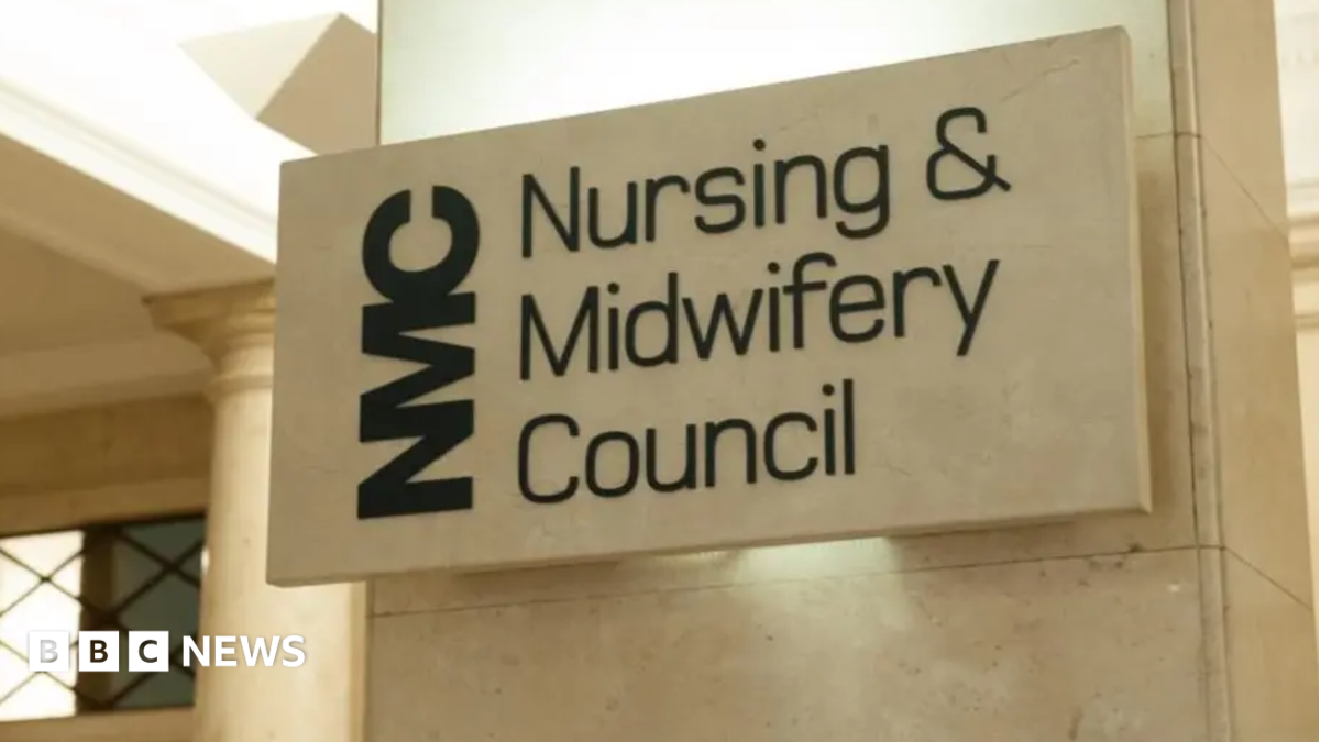 An Nursing and Midwifery Council sign, possibly made of marble, outside its offices.