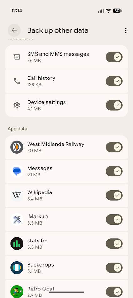 google back up app data settings