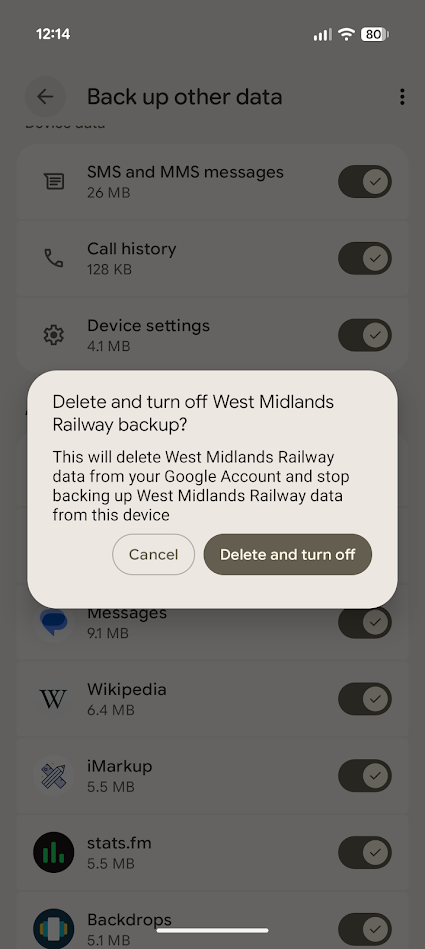 confirmation window for turning off app backup