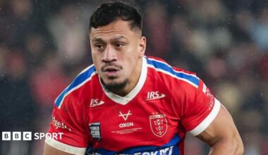 Sauaso Sue runs with the ball for Hull KR in their World Club Championship win over Brisbane Broncos in February
