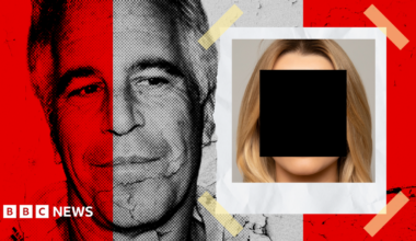 A designed composite image featuring a grainy background image of Jeffrey Epstein, partly tinted in red, and in the foreground, a Polaroid style image of a young woman, whose face in obscured with a black redaction.