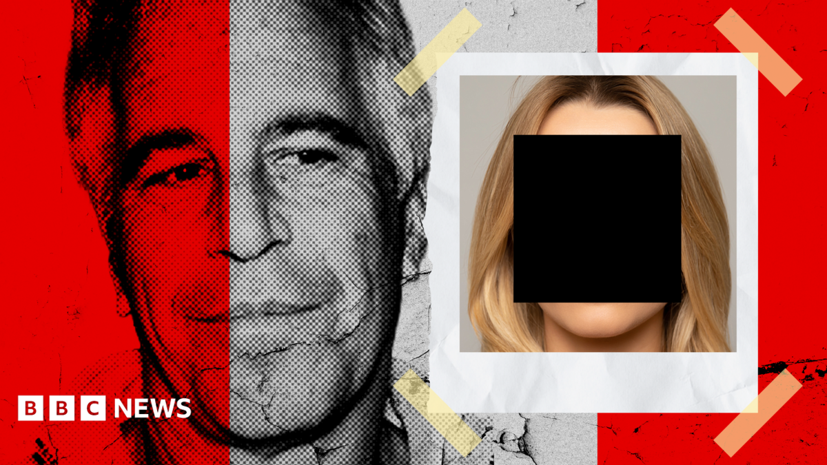 A designed composite image featuring a grainy background image of Jeffrey Epstein, partly tinted in red, and in the foreground, a Polaroid style image of a young woman, whose face in obscured with a black redaction.