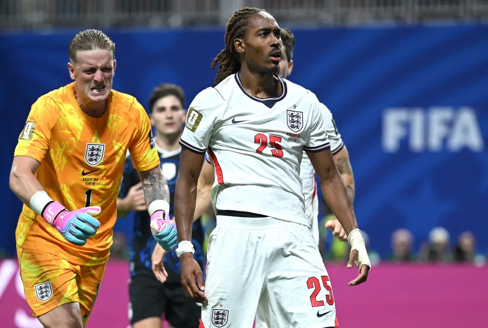 Djed Spence reacts after making a tackle during England's loss to Argentina