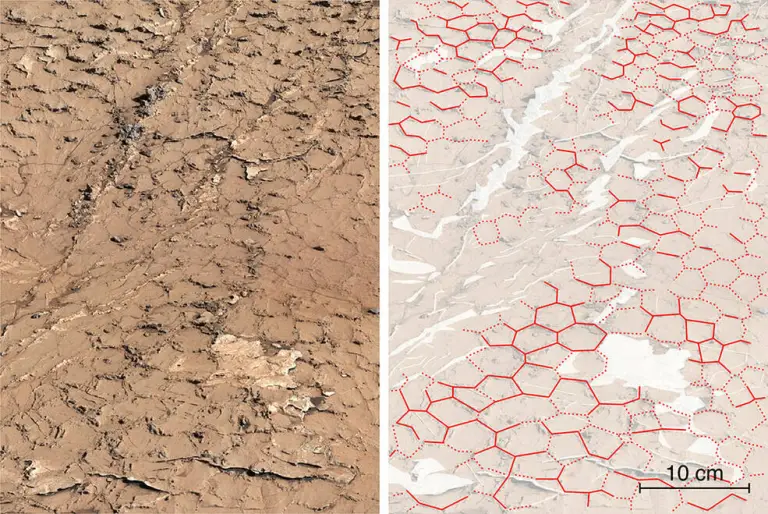 These previous shots from Curiosity also show hexagonal patterns that were formed as cracks in ancient mud