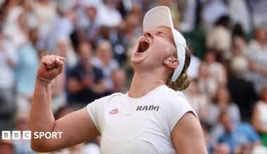 Czech Republic's Barbora Krejcikova celebrates winning her second round match against Russia's Mirra Andreeva
