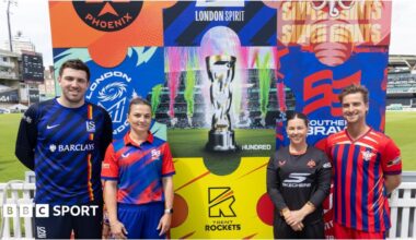 Jamie Overton of London Spirit, Phoebe Franklin of Southern Brave, Tammy Baumont and Leus du Plooy of Manchester Super Giants pose for a picture during a media event at The Kia Oval to promote the 2026 Hundred season