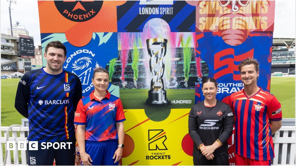 Jamie Overton of London Spirit, Phoebe Franklin of Southern Brave, Tammy Baumont and Leus du Plooy of Manchester Super Giants pose for a picture during a media event at The Kia Oval to promote the 2026 Hundred season