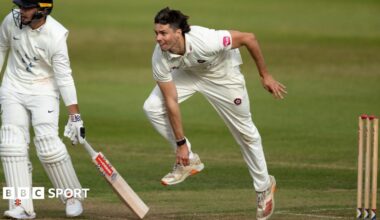 A photo of Justin Broad in action during Northamptonshire's match against Surrey in June