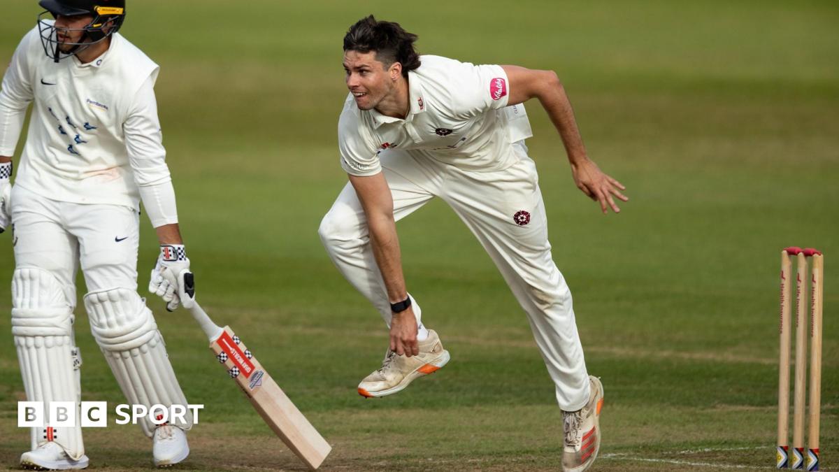 A photo of Justin Broad in action during Northamptonshire's match against Surrey in June