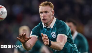 Ciaran Frawley receives a pass while playing for Ireland