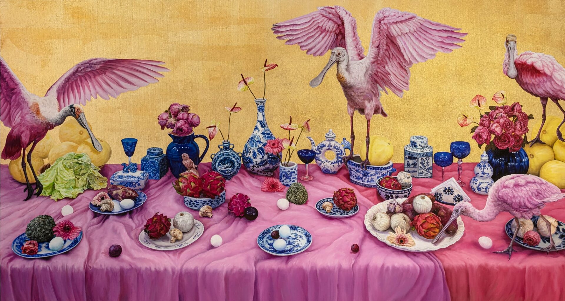 a still life painting crashed by spoonbill birds. much of the piece is tinged pink with blue and red elements on the table and a gold wall