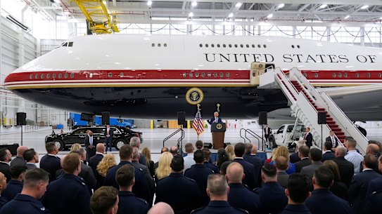 Donald Trump speaks after touring the newly designated Air Force One.
