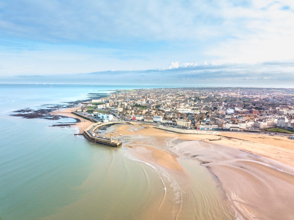 Margate Beach England Drone Aerial Shot margate beach england aerial shot at sunrise
