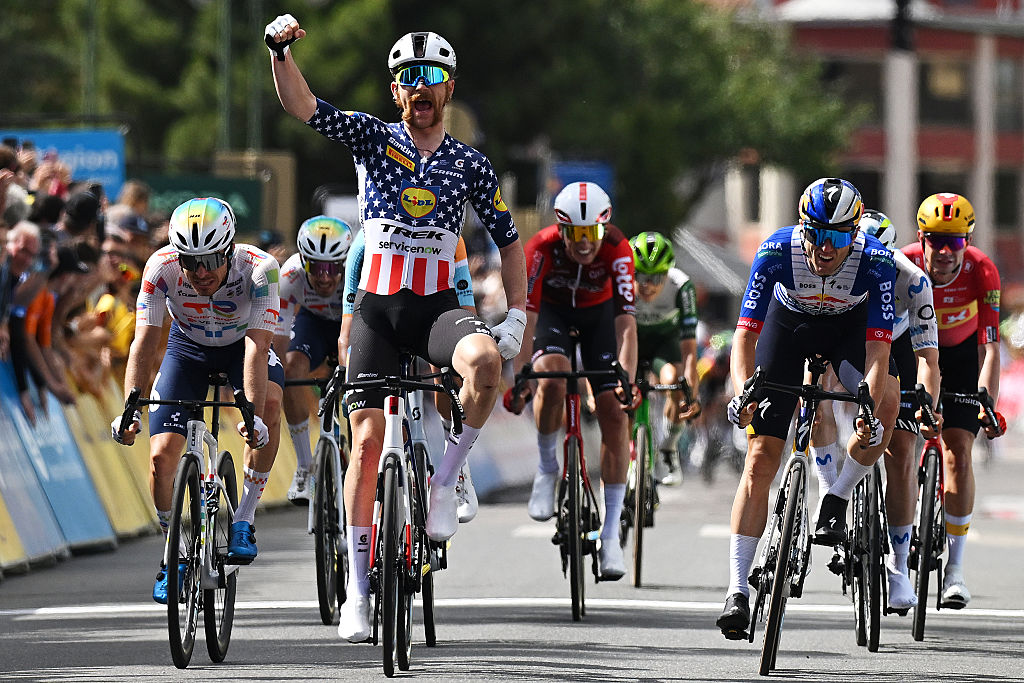 MONTROND-LES-BAINS, FRANCE - JUNE 10: Quinn Simmons of United States and Team Lidl - Trek celebrates at finish line as stage winner ahead of (L-R) Matteo Vercher of France and Team TotalEnergies and Finn Fisher-Black of New Zealand and Team Red Bull - BORA - hansgrohe during the 78th Tour Auvergne-Rhone-Alpes 2026, Stage 4 a 167.4km stage from Le Puy-en-Velay to Montrond-les-Bains / #UCIWT / on June 10, 2026 in Montrond-les-Bains, France. (Photo by Dario Belingheri/Getty Images)