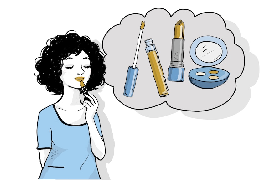 An illustration of a person putting on makeup.