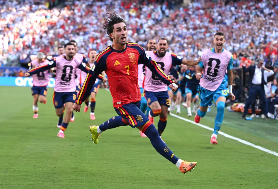 Ferran Torres celebrates scoring for Spain against Argentina in the World Cup final
